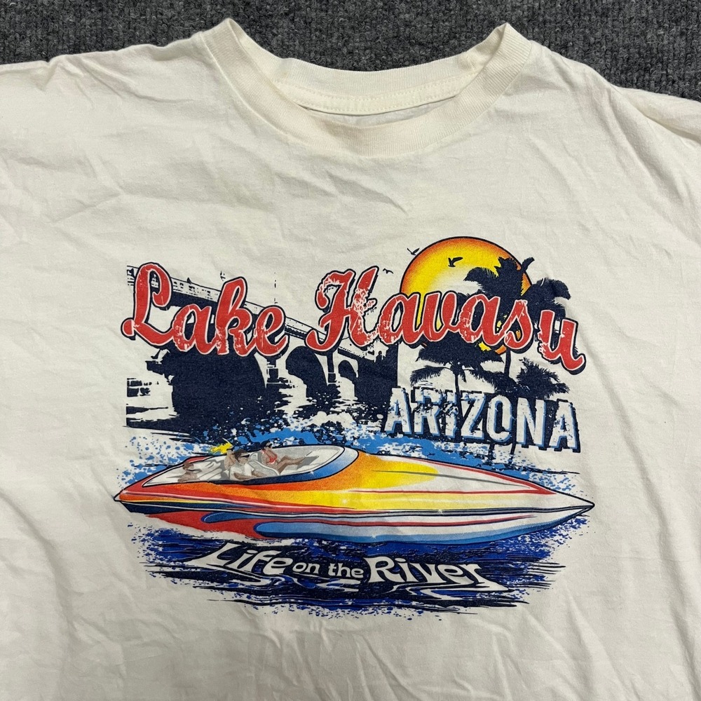 JH Design T-Shirt Mens Size L White Lake Havasu Arizona Graphic Boat River Tee